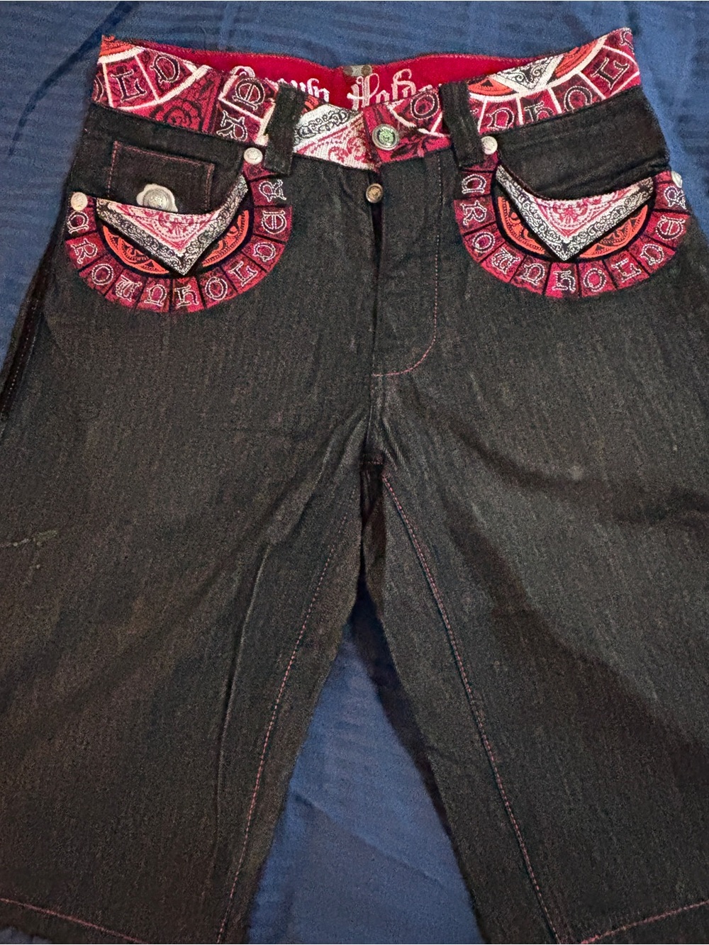 Crown Holder Men’s Black Jean Shorts with Red & White pockets & trim